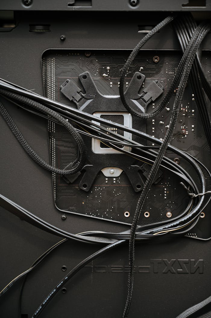 services-01 Detailed view of internal computer components and cables for maintenance or assembly.