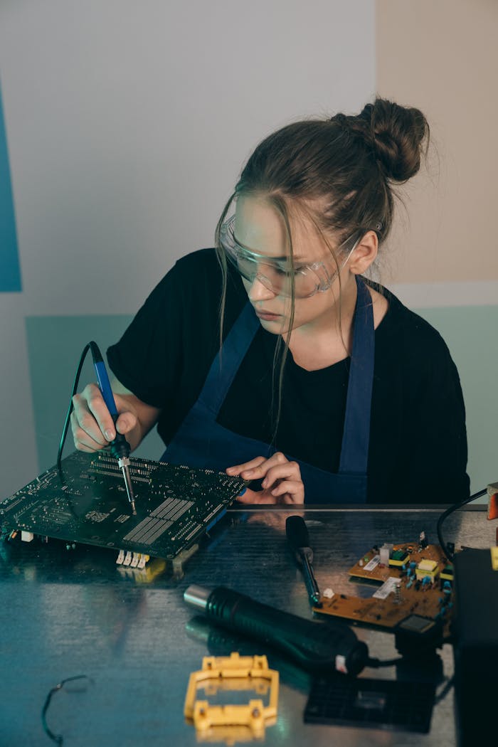 gallery-02 Female engineer wearing goggles soldering an electronic circuit board indoors.